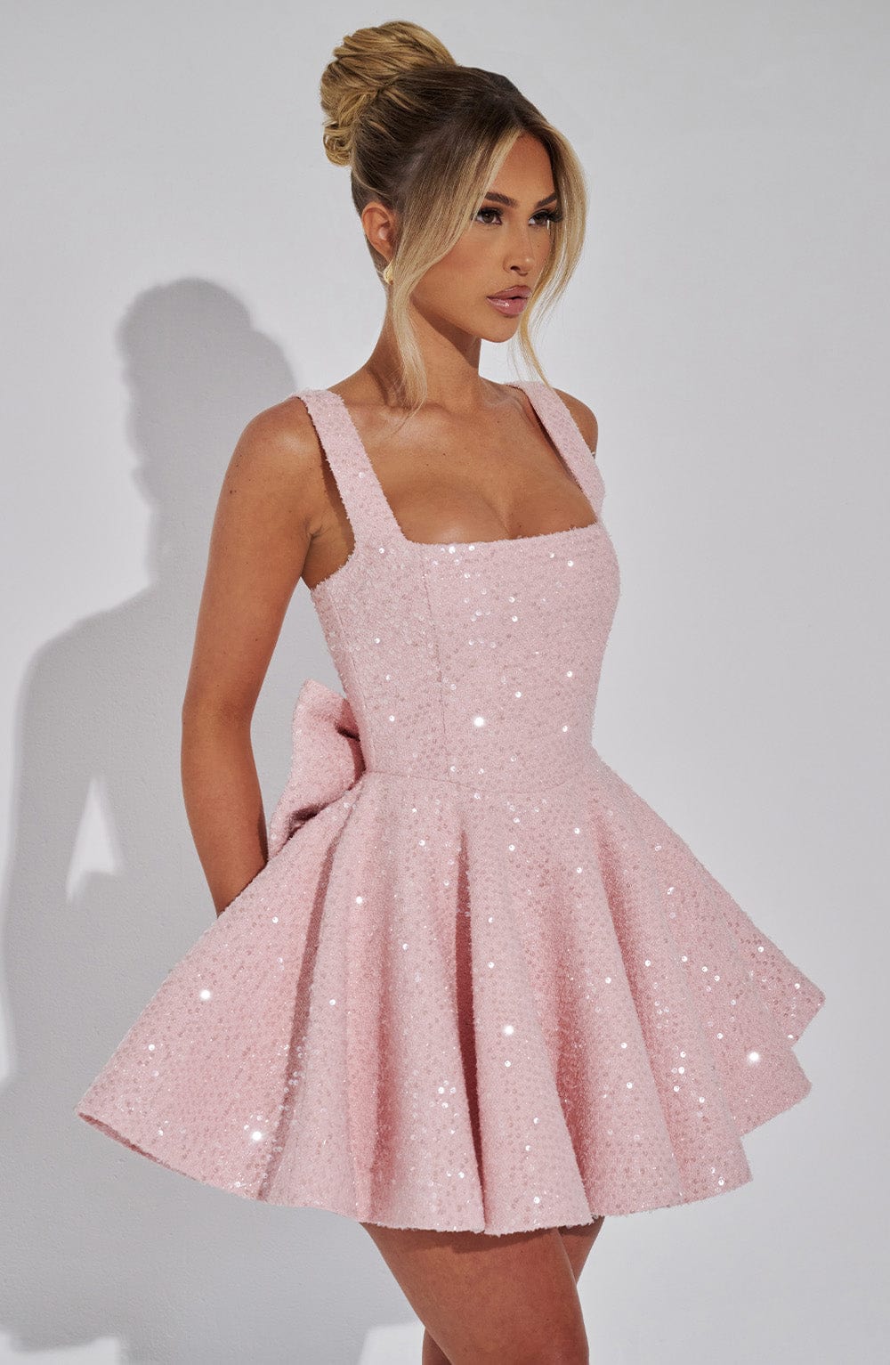 Women's Sequin Mini Dress | Flared Skirt with Bow Detail, Elegant Cocktail Dress 4