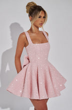 Women's Sequin Mini Dress | Flared Skirt with Bow Detail, Elegant Cocktail Dress 4