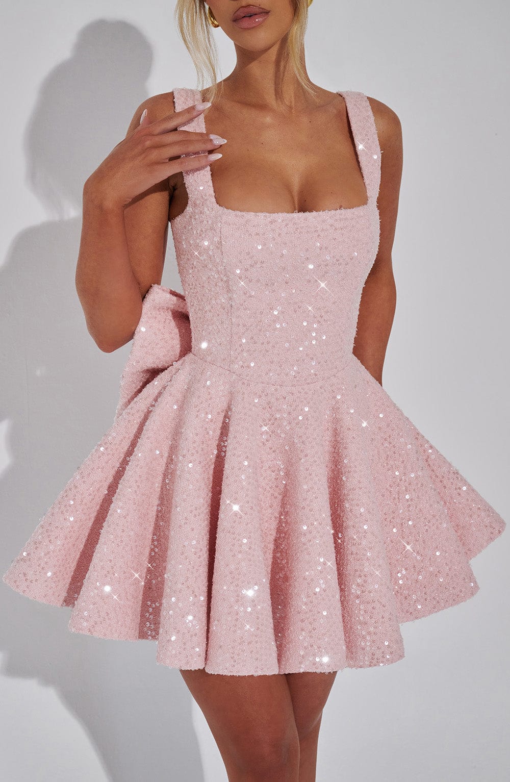 Women's Sequin Mini Dress | Flared Skirt with Bow Detail, Elegant Cocktail Dress 5