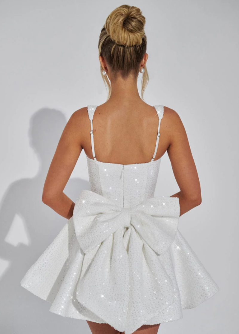 Women's Sequin Mini Dress | Flared Skirt with Bow Detail, Elegant Cocktail Dress 8