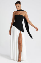 Women's Strapless Maxi Dress | Black, Asymmetric Waist, High Slit 2