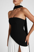 Women's Strapless Maxi Dress | Black, Asymmetric Waist, High Slit 5