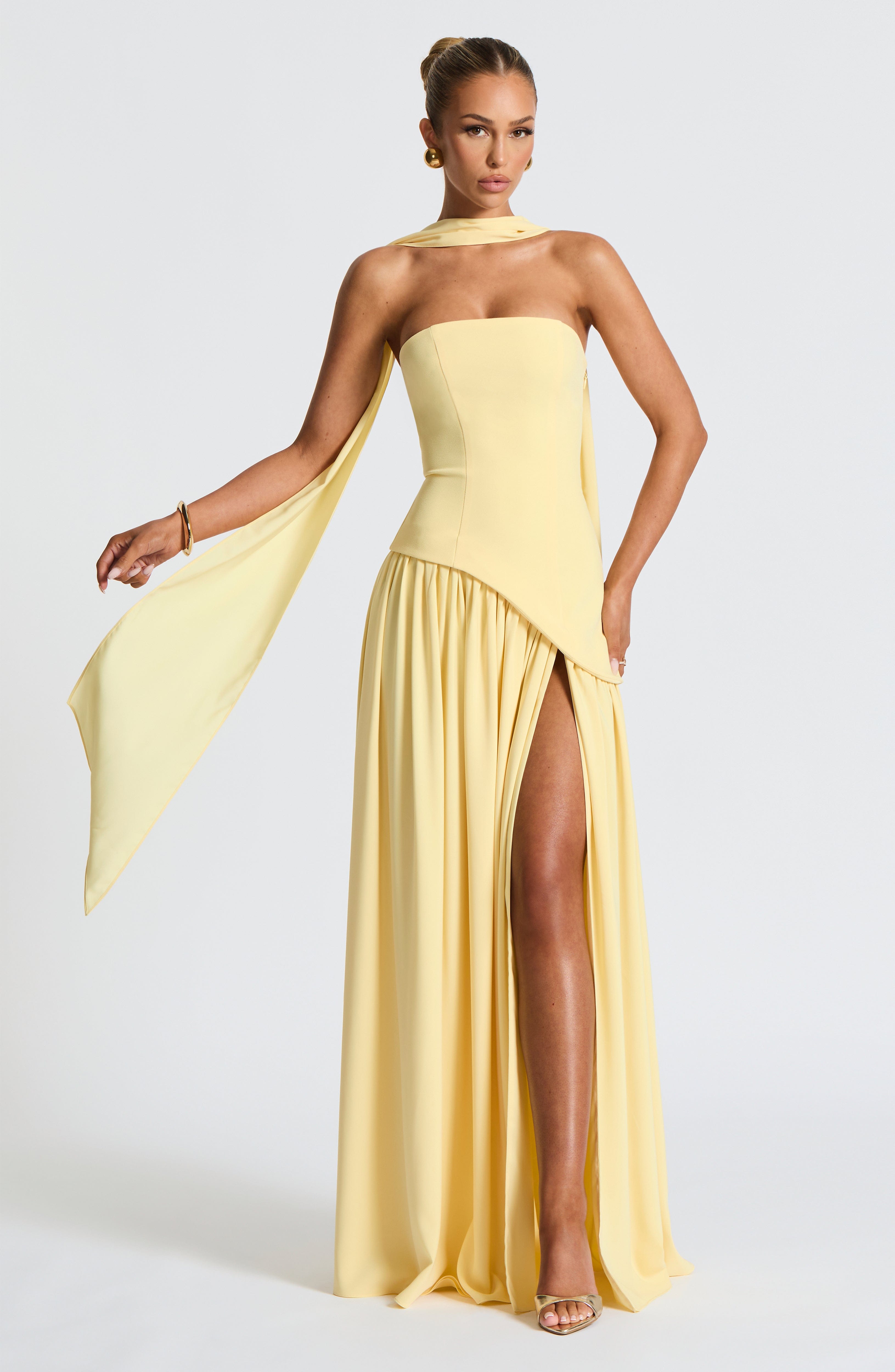 Women's Strapless Maxi Dress | Black, Asymmetric Waist, High Slit 7