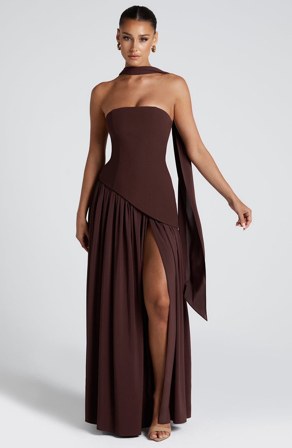 Women's Strapless Maxi Dress | Black, Asymmetric Waist, High Slit 9