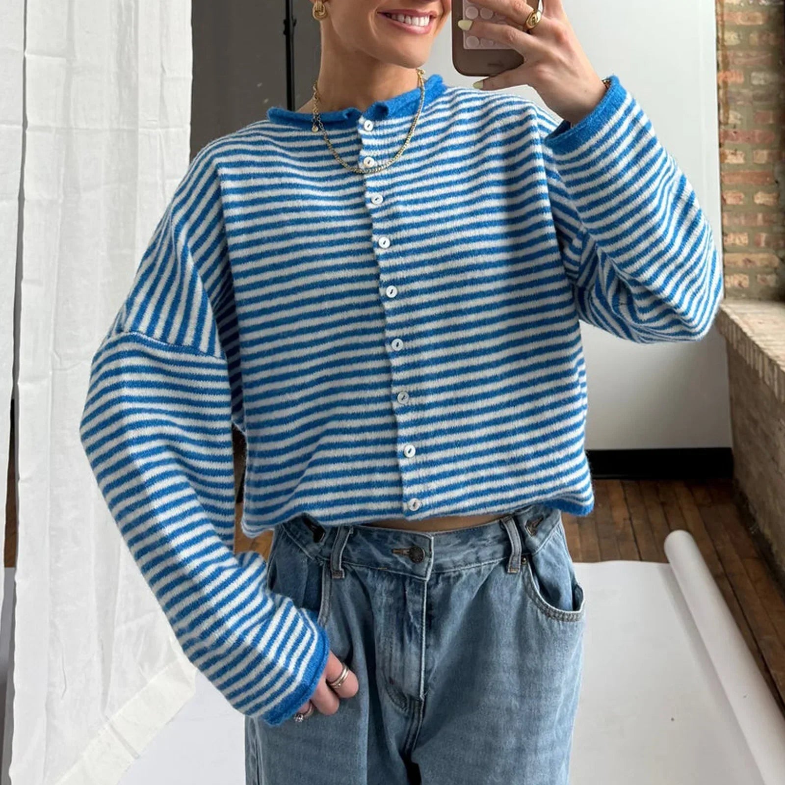 Women's Striped Cardigan | Soft Fluffy Knit, Relaxed Fit 5