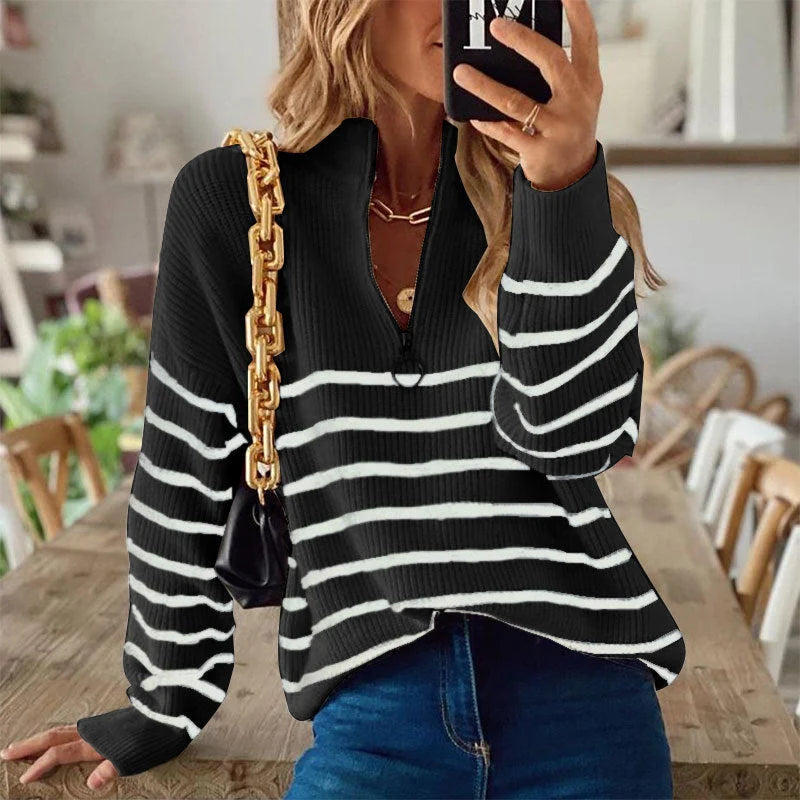 Women's Striped Ribbed Jumper | Half-Zip Neckline, Relaxed Fit, Long Sleeve 2