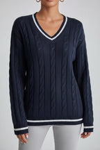 Women's Sweater | Cable Knit V-Neck with Contrast Stripe Trim, Navy 0