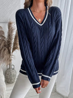 Women's Sweater | Cable Knit V-Neck with Contrast Stripe Trim, Navy 1