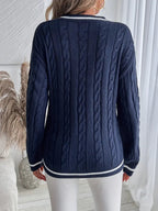 Women's Sweater | Cable Knit V-Neck with Contrast Stripe Trim, Navy 3