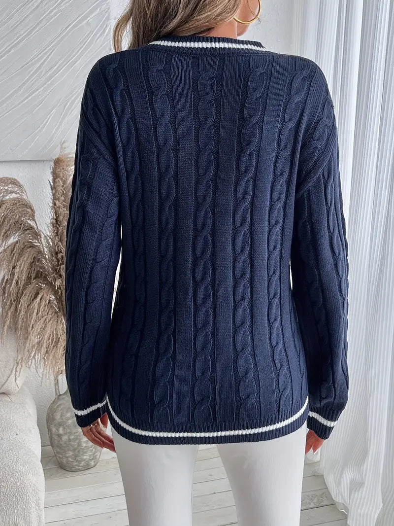 Women's Sweater | Cable Knit V-Neck with Contrast Stripe Trim, Navy 3