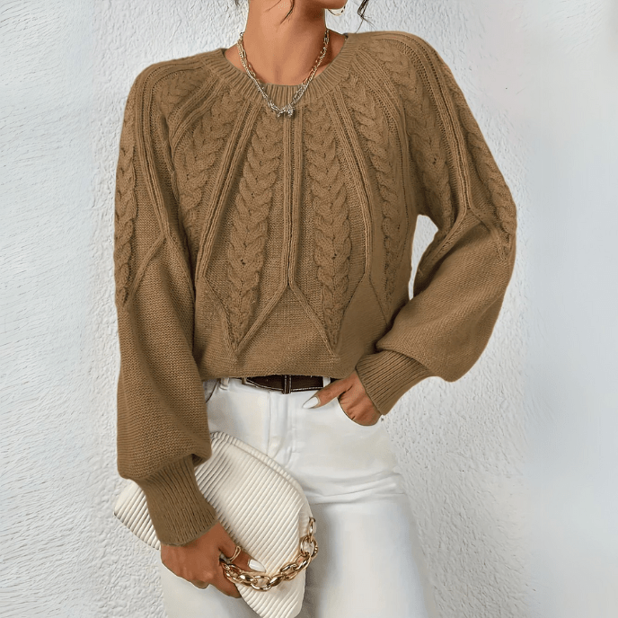 Women's Sweater | Cable Knit with Puff Sleeves, Round Neckline 0