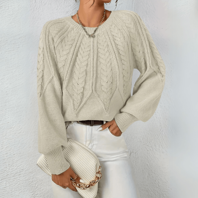 Women's Sweater | Cable Knit with Puff Sleeves, Round Neckline 1