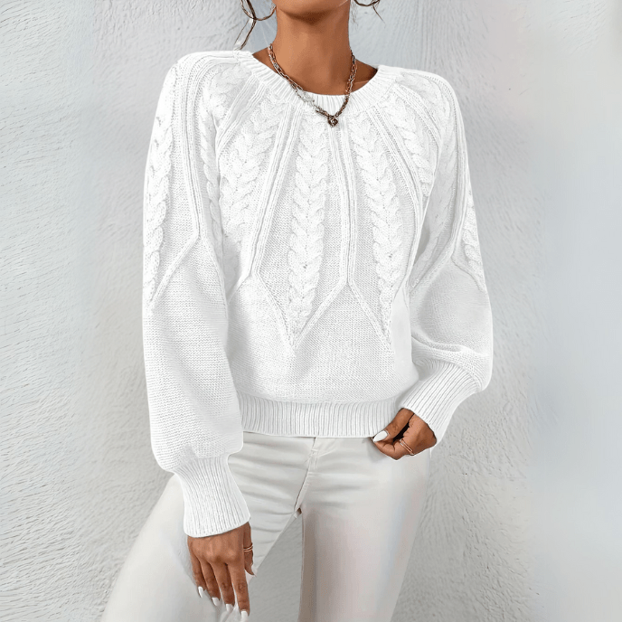 Women's Sweater | Cable Knit with Puff Sleeves, Round Neckline 2
