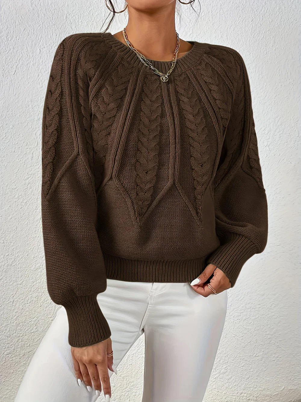 Women's Sweater | Cable Knit with Puff Sleeves, Round Neckline 3