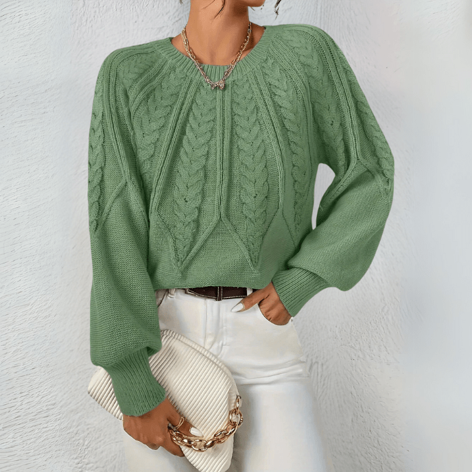 Women's Sweater | Cable Knit with Puff Sleeves, Round Neckline 4