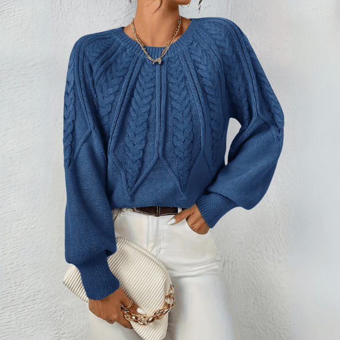 Women's Sweater | Cable Knit with Puff Sleeves, Round Neckline 6