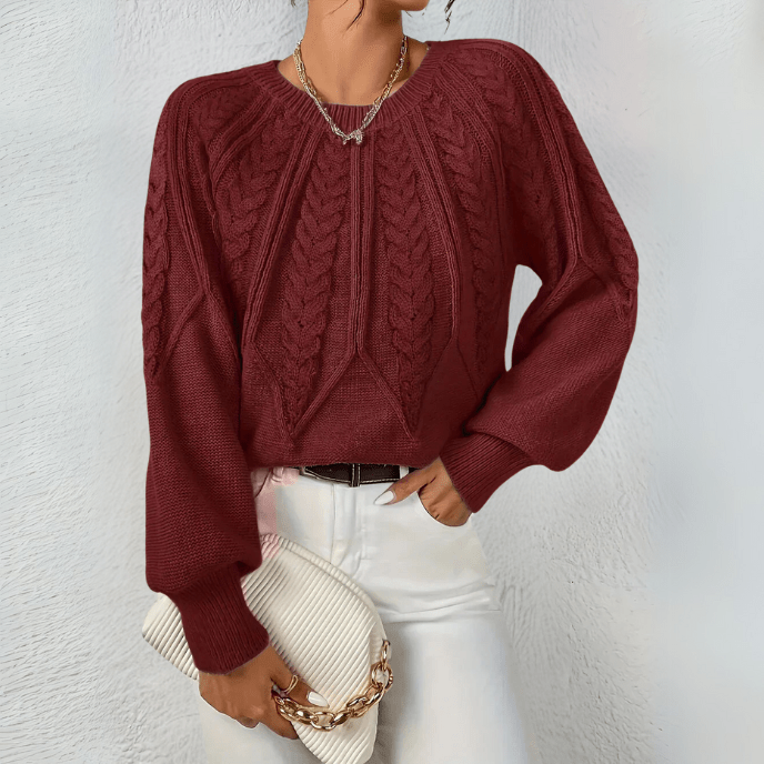 Women's Sweater | Cable Knit with Puff Sleeves, Round Neckline 7