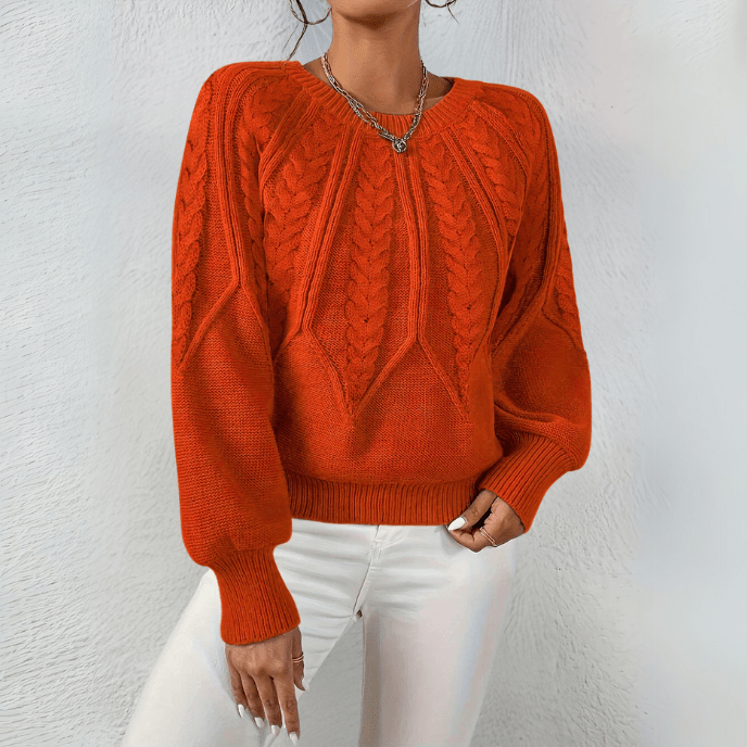 Women's Sweater | Cable Knit with Puff Sleeves, Round Neckline 8