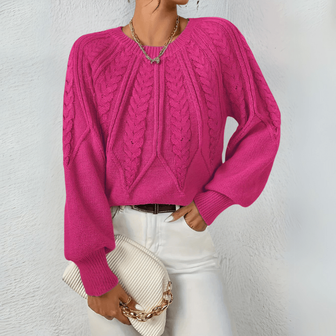 Women's Sweater | Cable Knit with Puff Sleeves, Round Neckline 9