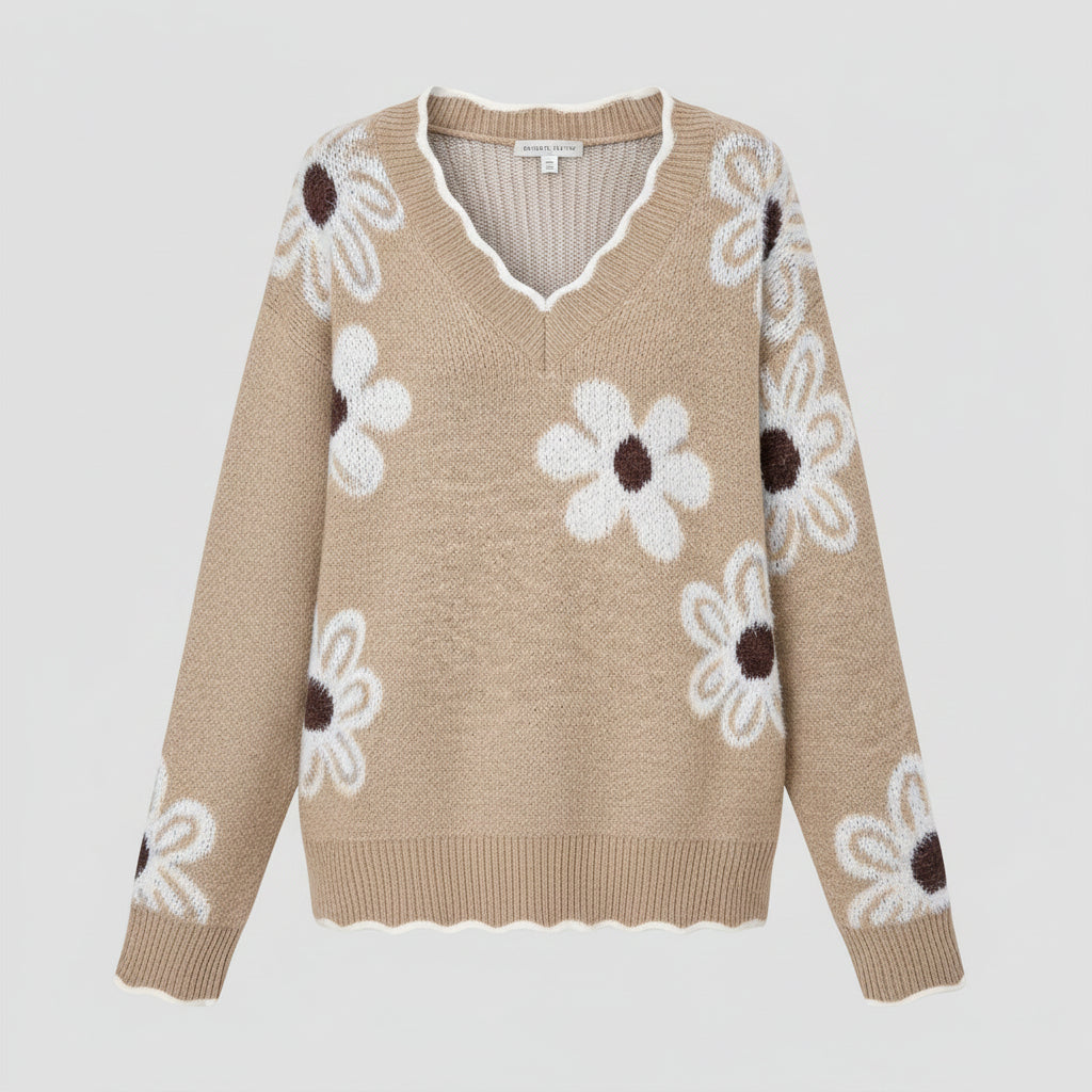 Women's Sweater | Soft Knit Floral V-Neck with Scallop Trim 0