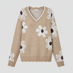 Women's Sweater | Soft Knit Floral V-Neck with Scallop Trim 0