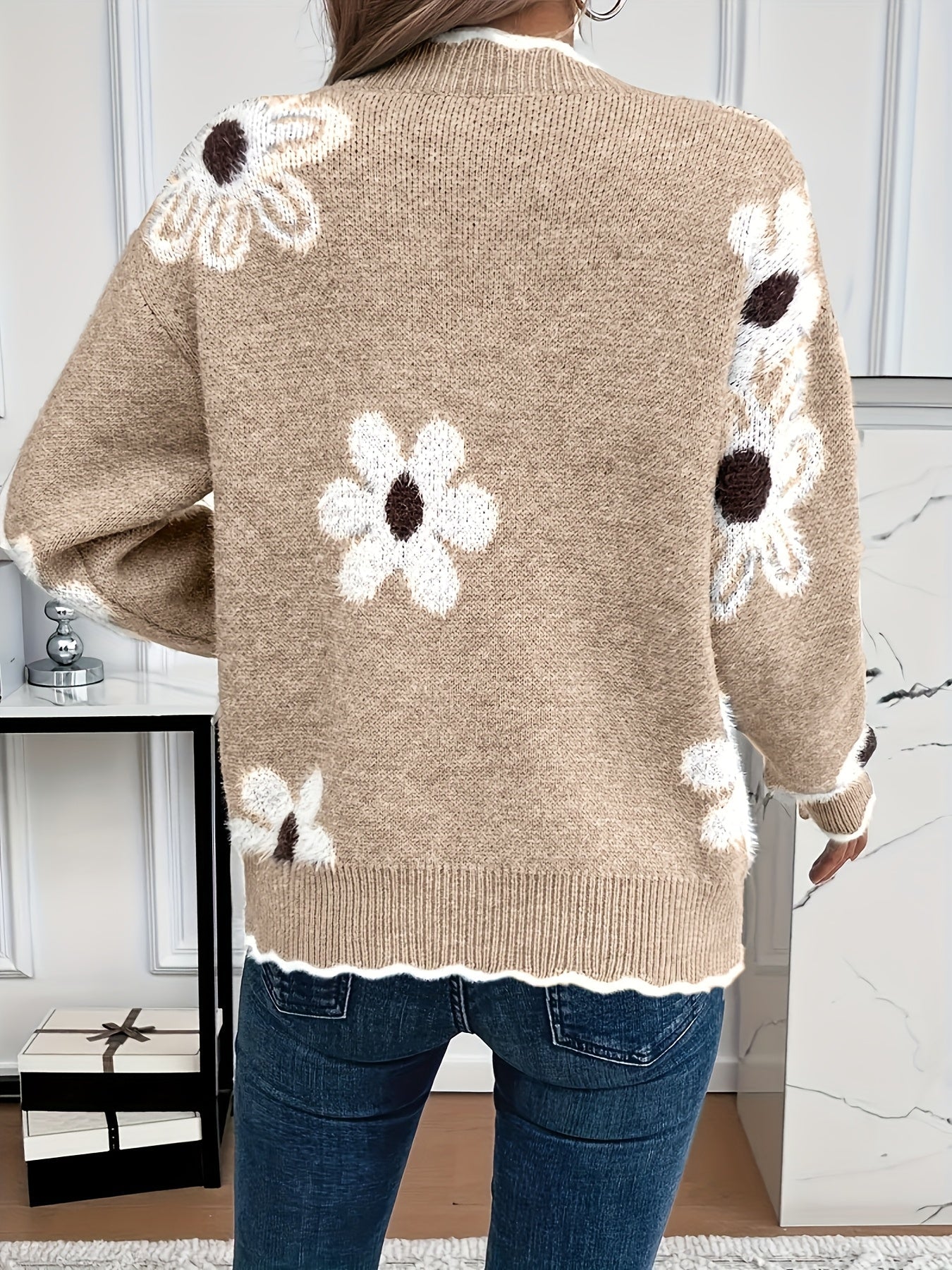 Women's Sweater | Soft Knit Floral V-Neck with Scallop Trim 1