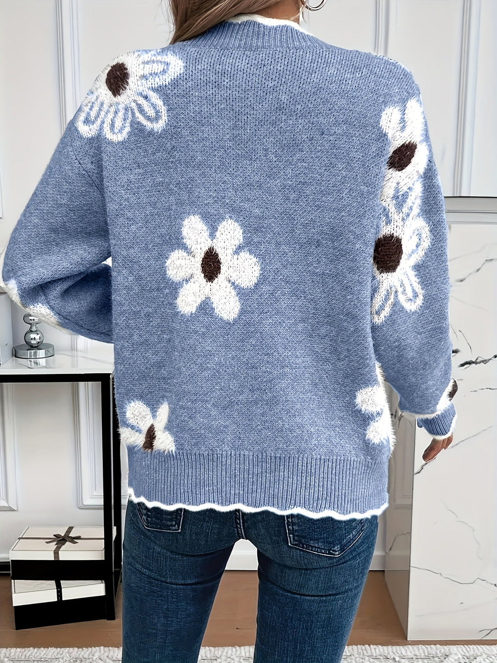 Women's Sweater | Soft Knit Floral V-Neck with Scallop Trim 3