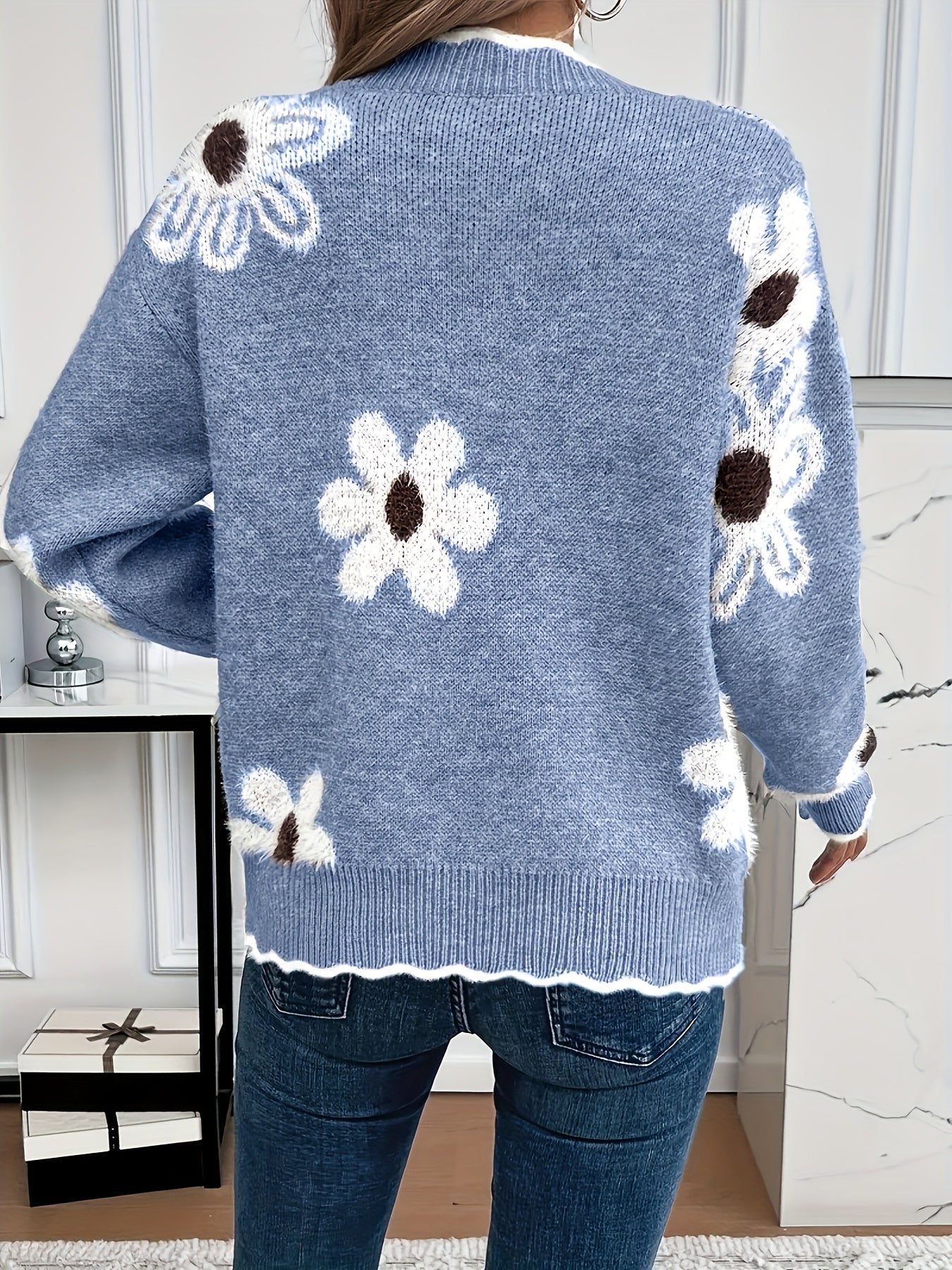 Women's Sweater | Soft Knit Floral V-Neck with Scallop Trim 3