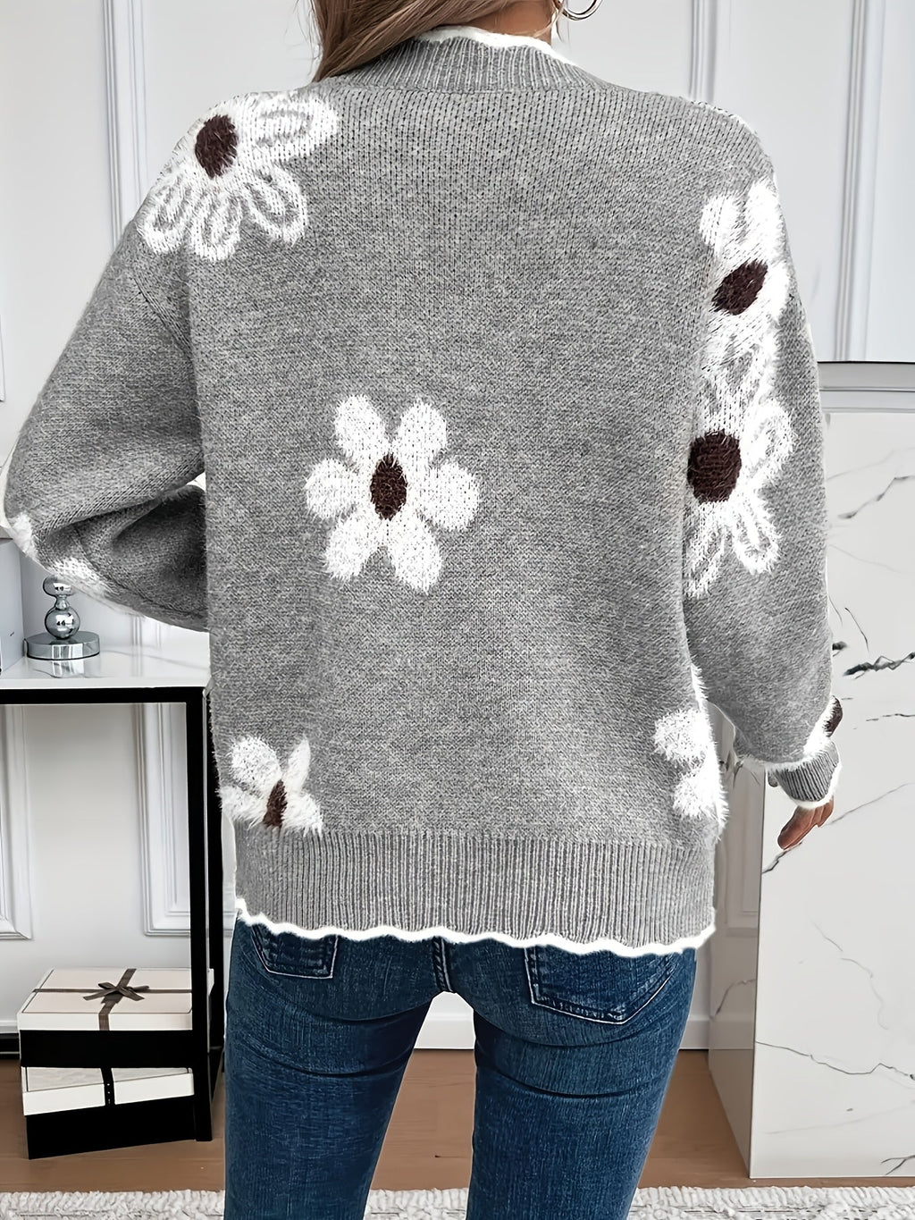 Women's Sweater | Soft Knit Floral V-Neck with Scallop Trim 5