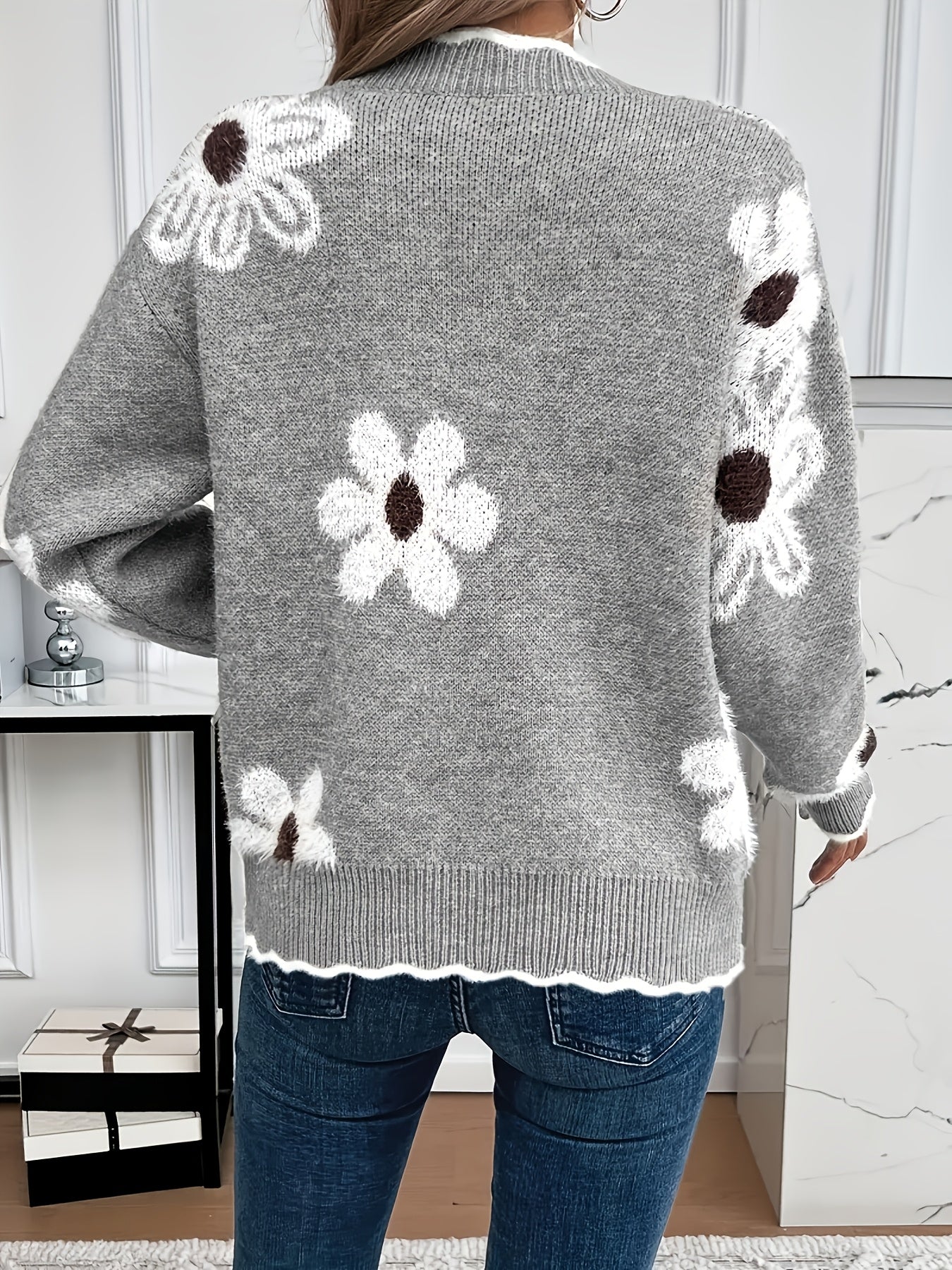 Women's Sweater | Soft Knit Floral V-Neck with Scallop Trim 5