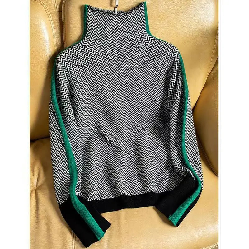 Women's Turtleneck Jumper | Herringbone Chevron Pattern, Stripe Sleeve Panels 1