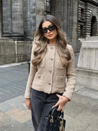 Women's Tweed Jacket | Collarless Design, Gold Buttons, Frayed Edges, Four Pockets 0