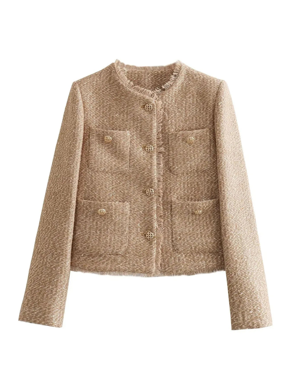 Women's Tweed Jacket | Collarless Design, Gold Buttons, Frayed Edges, Four Pockets 2