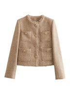 Women's Tweed Jacket | Collarless Design, Gold Buttons, Frayed Edges, Four Pockets 2