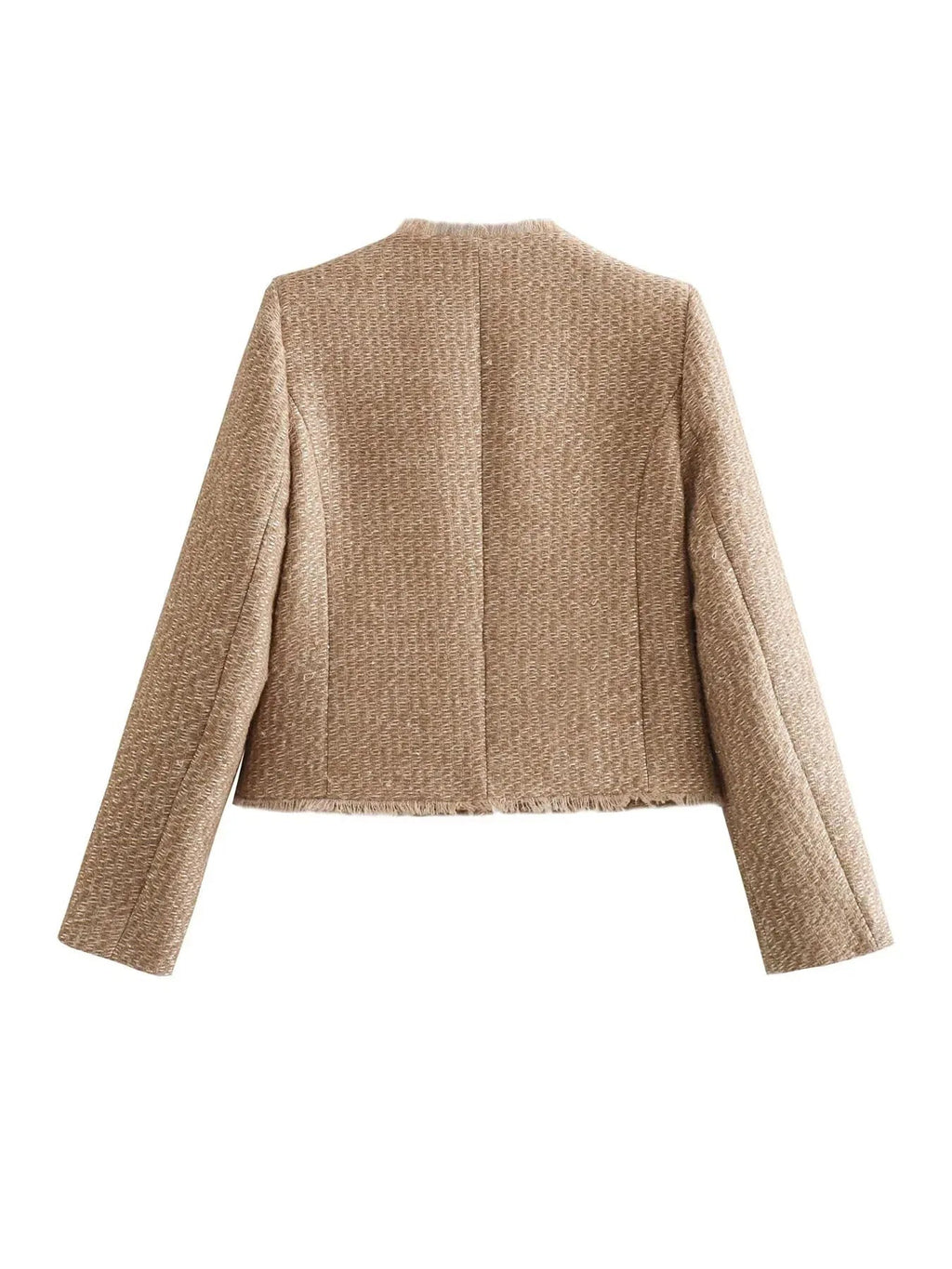 Women's Tweed Jacket | Collarless Design, Gold Buttons, Frayed Edges, Four Pockets 3
