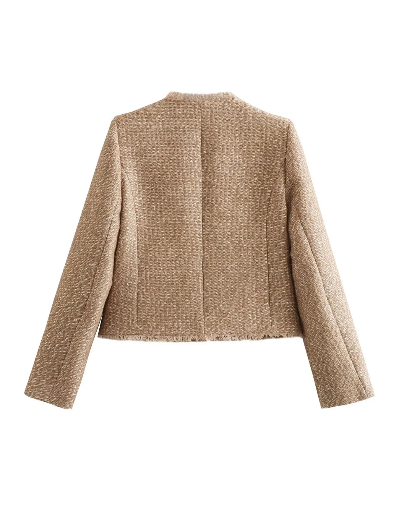 Women's Tweed Jacket | Collarless Design, Gold Buttons, Frayed Edges, Four Pockets 3