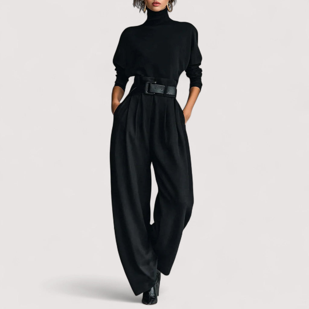 Women's Two Piece Set | Black Long Sleeve Polo & Straight Pants, Co Ord Sets Women 1