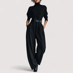 Women's Two Piece Set | Black Long Sleeve Polo & Straight Pants, Co Ord Sets Women 1
