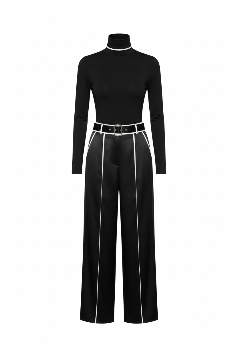 Women's Two Piece Set | High-Neck Top with Wide Leg Pants, Luxurious Co Ord Set 0