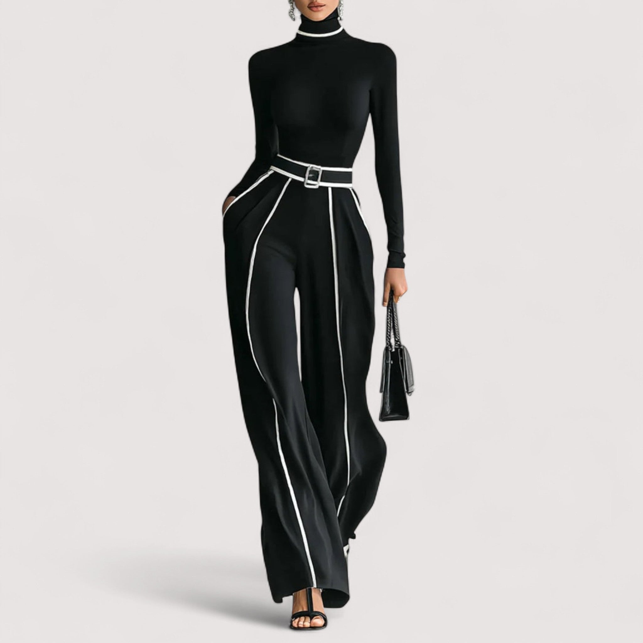 Women's Two Piece Set | High-Neck Top with Wide Leg Pants, Luxurious Co Ord Set 1