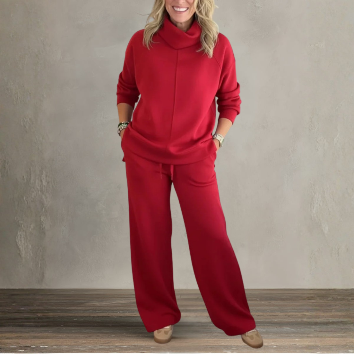 Women's Two Piece Set | High Collar Sweatshirt and Adjustable Wide Leg Pants 1