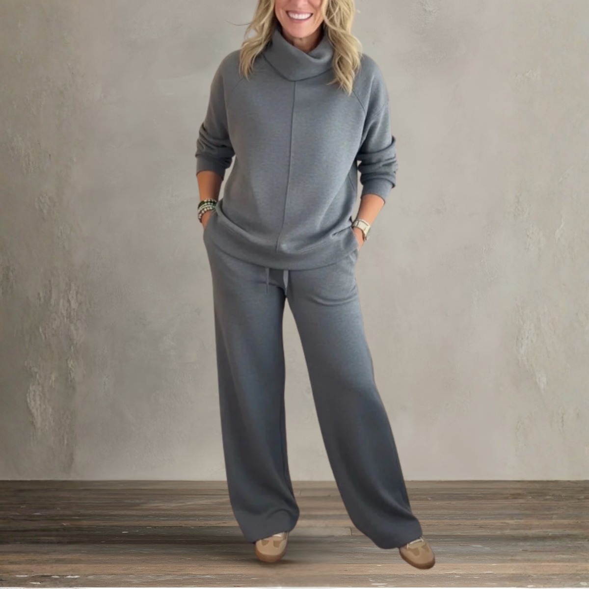Women's Two Piece Set | High Collar Sweatshirt and Adjustable Wide Leg Pants 10