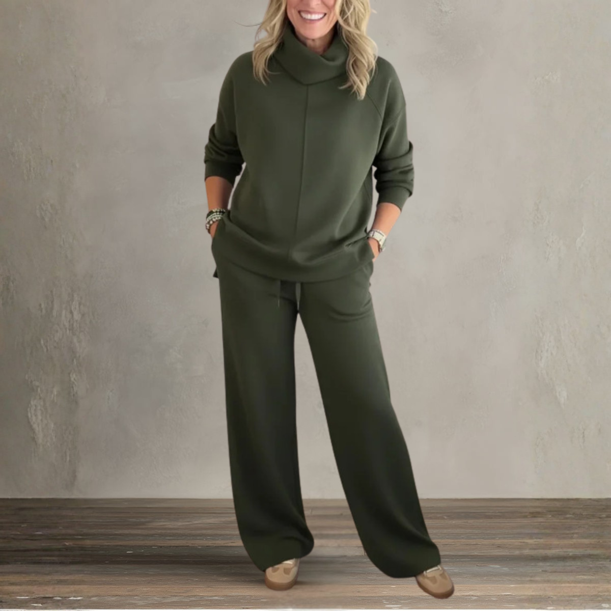 Women's Two Piece Set | High Collar Sweatshirt and Adjustable Wide Leg Pants 4