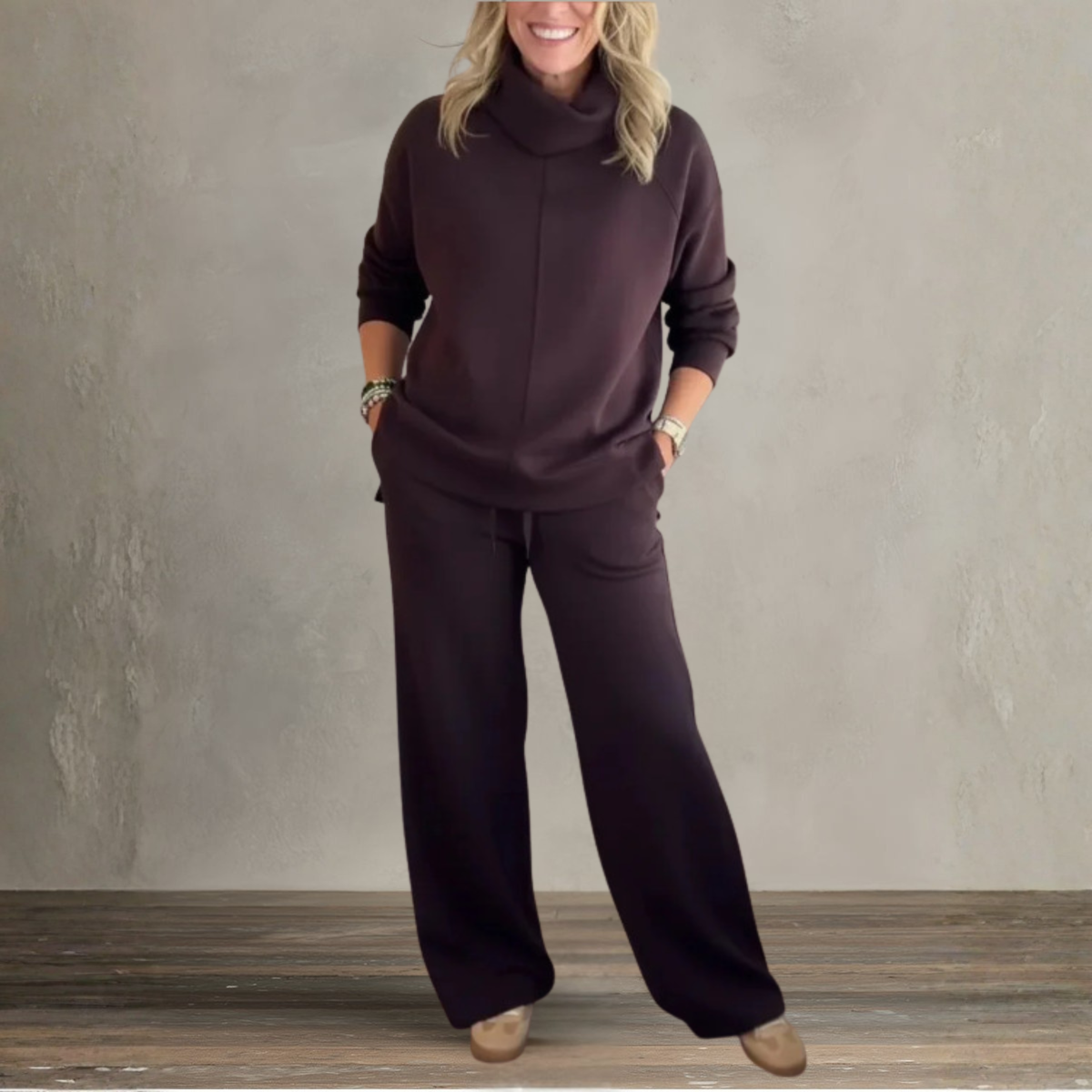 Women's Two Piece Set | High Collar Sweatshirt and Adjustable Wide Leg Pants 5