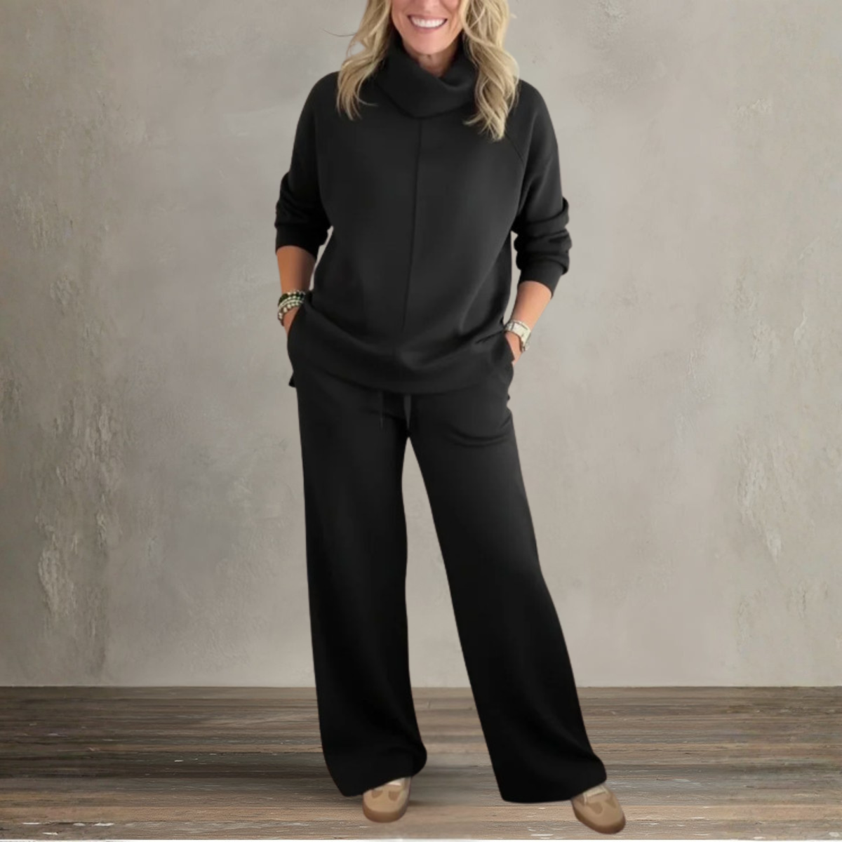 Women's Two Piece Set | High Collar Sweatshirt and Adjustable Wide Leg Pants 7