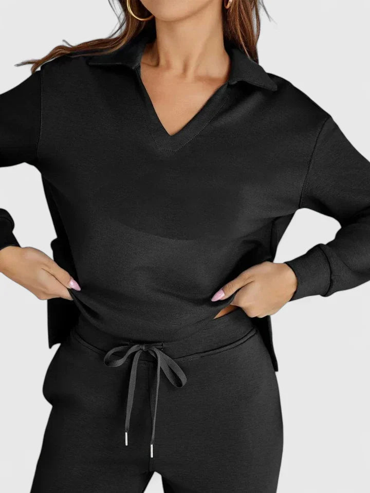 Women's Two Piece Set | Polo Collar Top, High-Waisted Wide Leg Pants 10