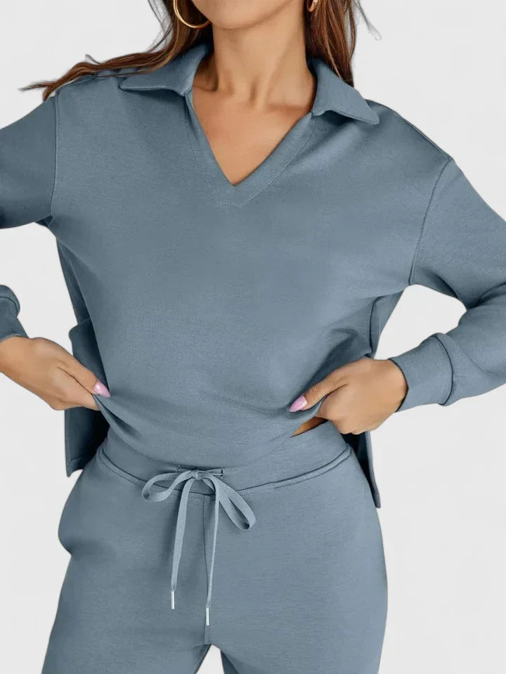 Women's Two Piece Set | Polo Collar Top, High-Waisted Wide Leg Pants 11