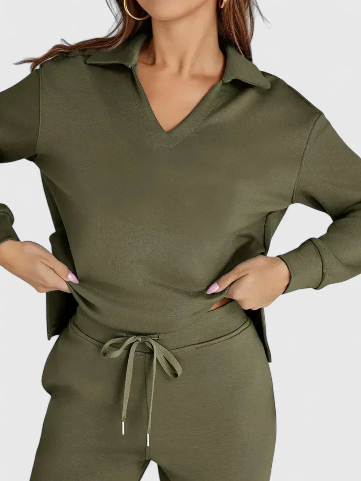 Women's Two Piece Set | Polo Collar Top, High-Waisted Wide Leg Pants 12