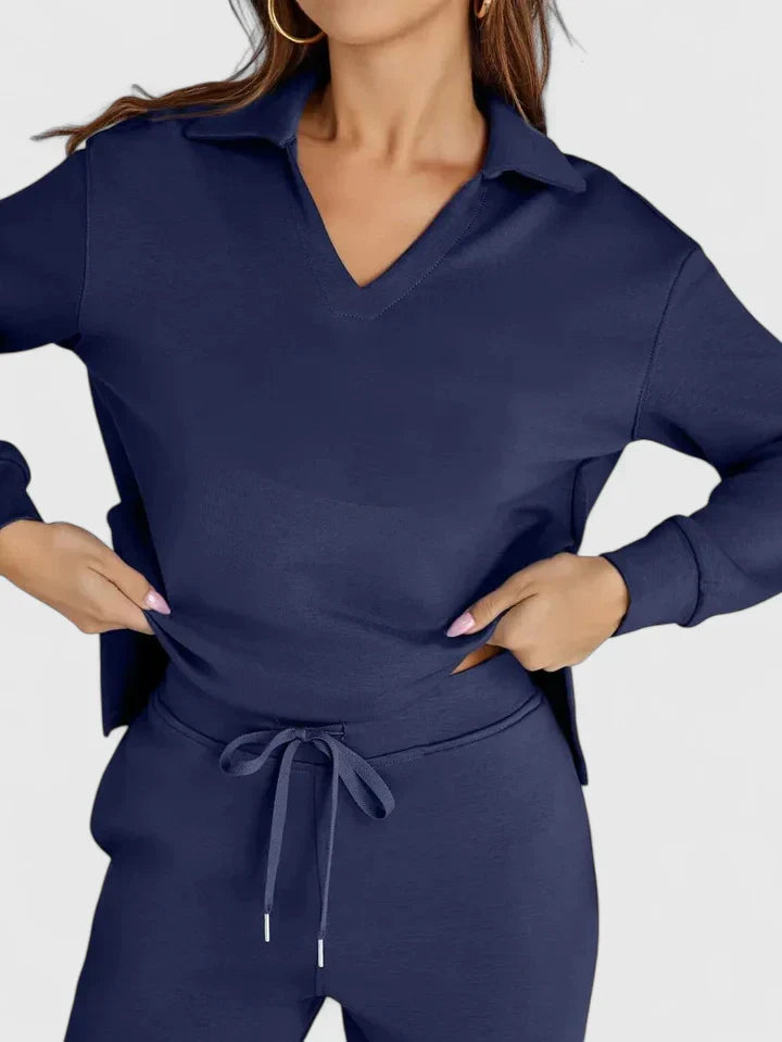 Women's Two Piece Set | Polo Collar Top, High-Waisted Wide Leg Pants 6