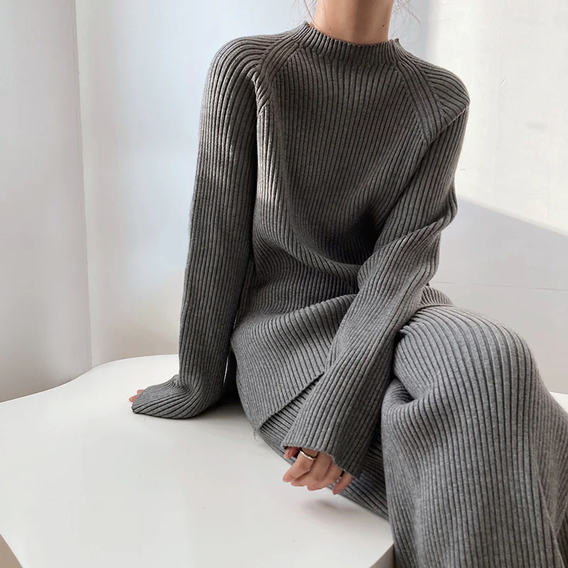 Women's Two Piece Set | Ribbed Knit Top and Wide Leg Trousers, Comfortable Co Ord Set 4
